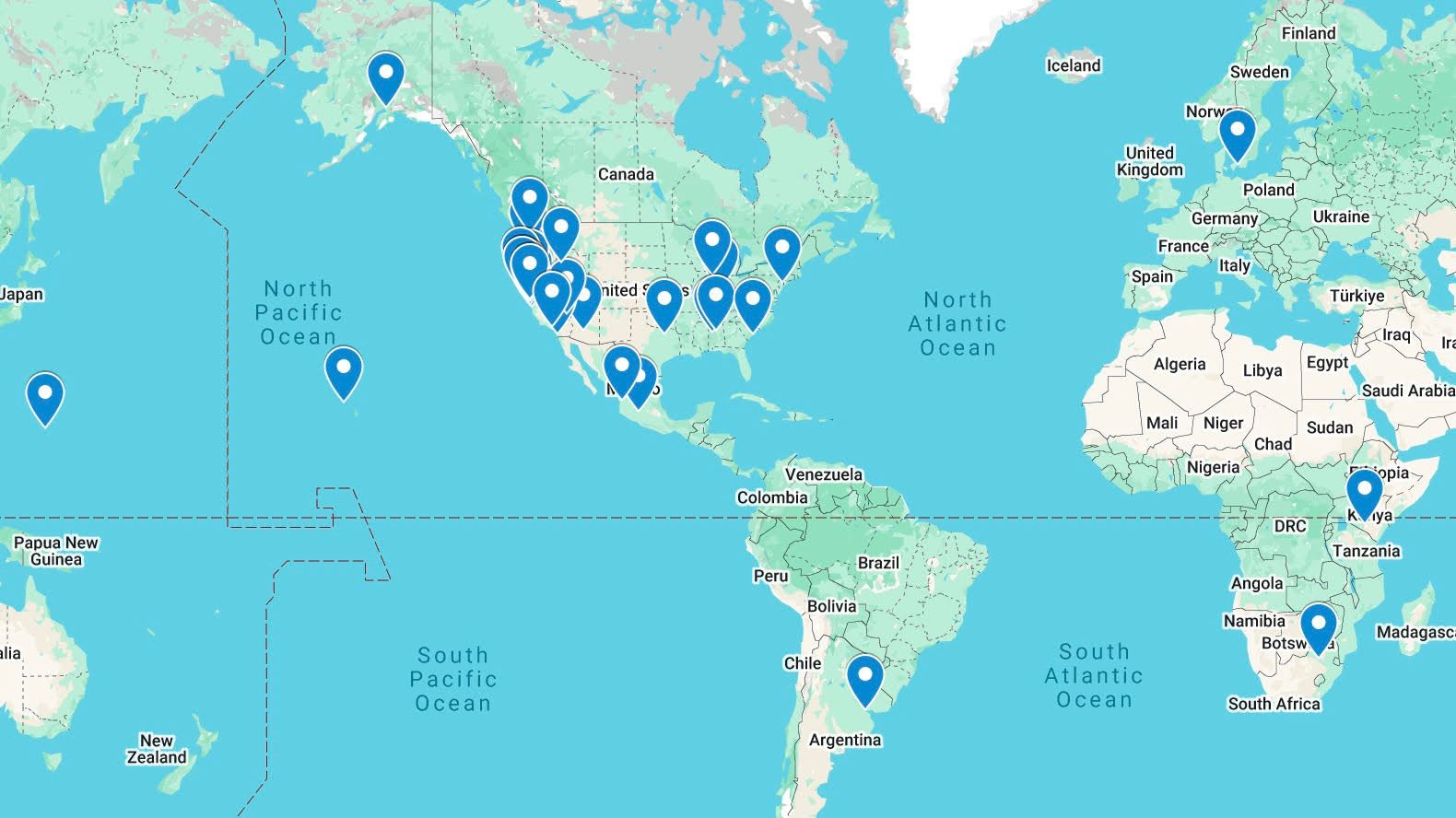 Global map with location markers displayed.